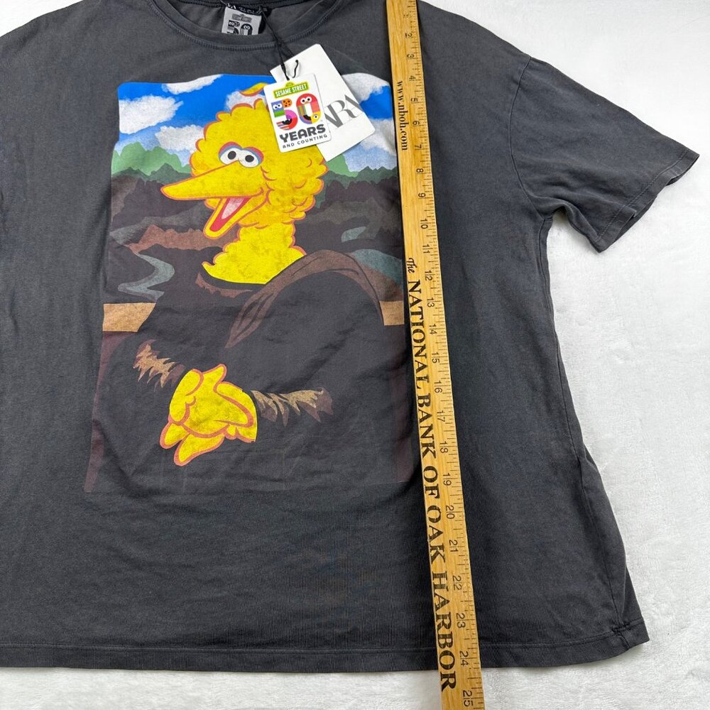 Zara Womens Distressed T-Shirt Sz S Big Bird Mona Lisa Graphic T-Shirt D.Gray - Picture 6 of 8